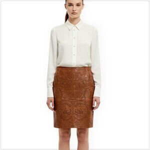 Lauren Ralph Lauren Brown 100% Leather Laser Cut Woven Pencil Skirt NWT New 4 8